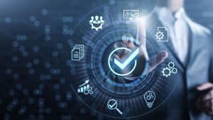 Businessmen placing the finger on an abstract of data security and accessibility