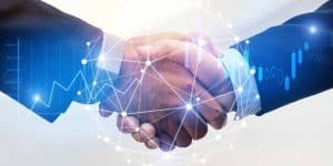 Businessmen handshake with a connecting line abstract