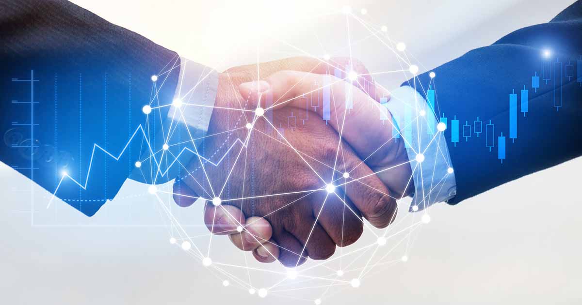 Businessmen handshake with a connecting line abstract
